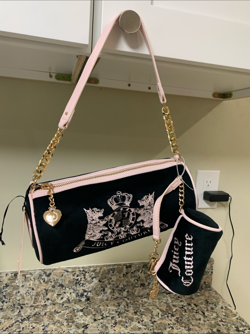 Juicy Couture Black Velvet Shoulder Bag with Pink Trim and Gold Hardware